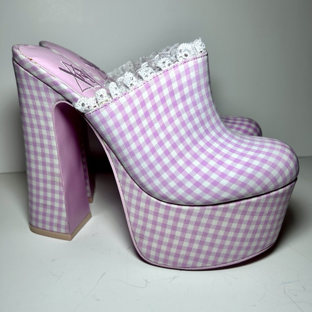 YRU Pink Gingham Platform Clogs Mules Size 7M Dolls Kill 6" Heels
